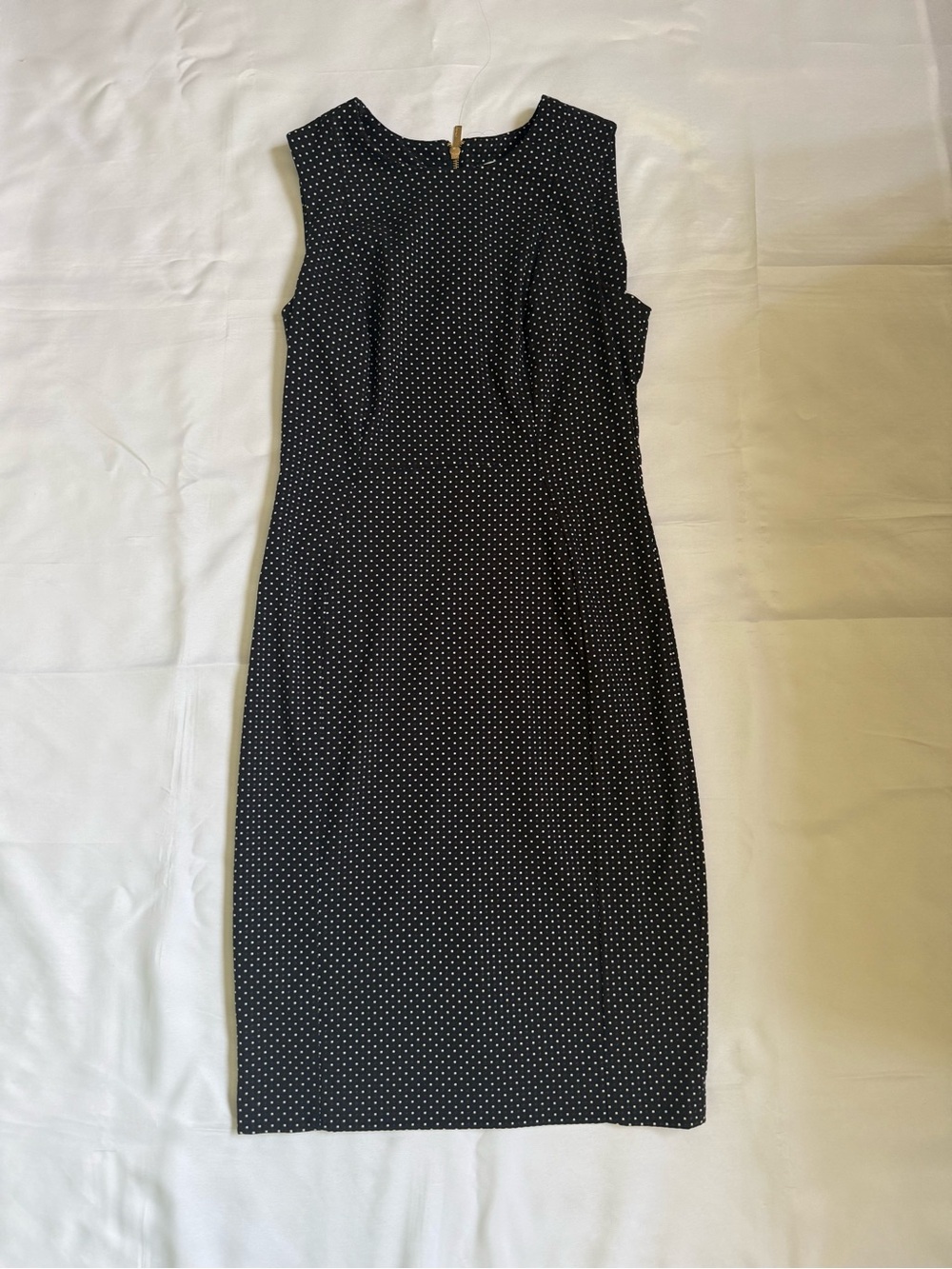 Calvin Klein Black and White Polka Dot Midi Sheath Dress